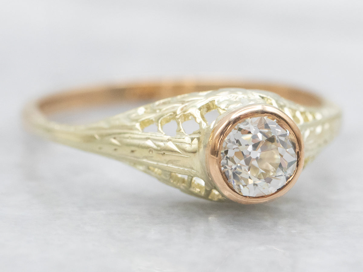 Art Nouveau Old Mine Cut Diamond Solitaire Engagement Ring