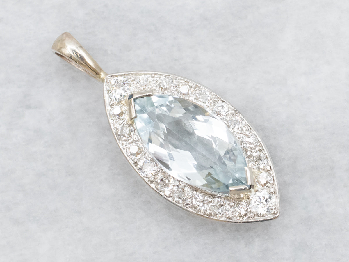 Marquise Aquamarine and Diamond Halo Pendant