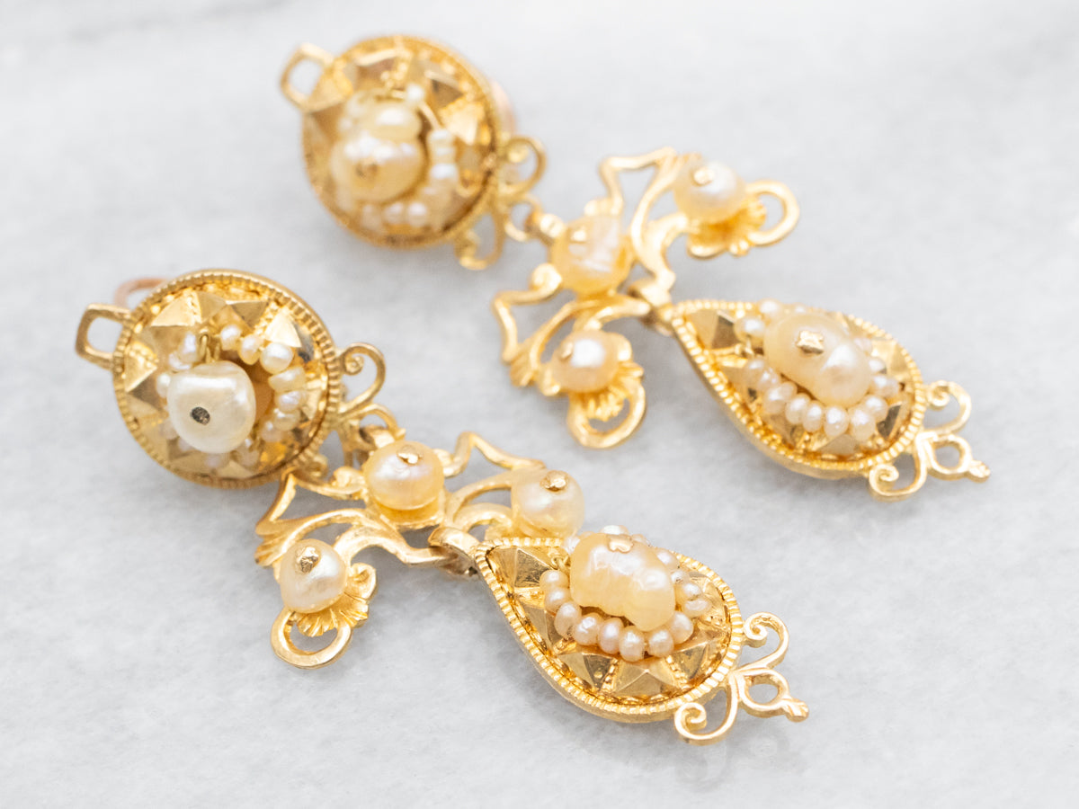 Antique Natural Pearl and Gold Filigree Drop Earrings