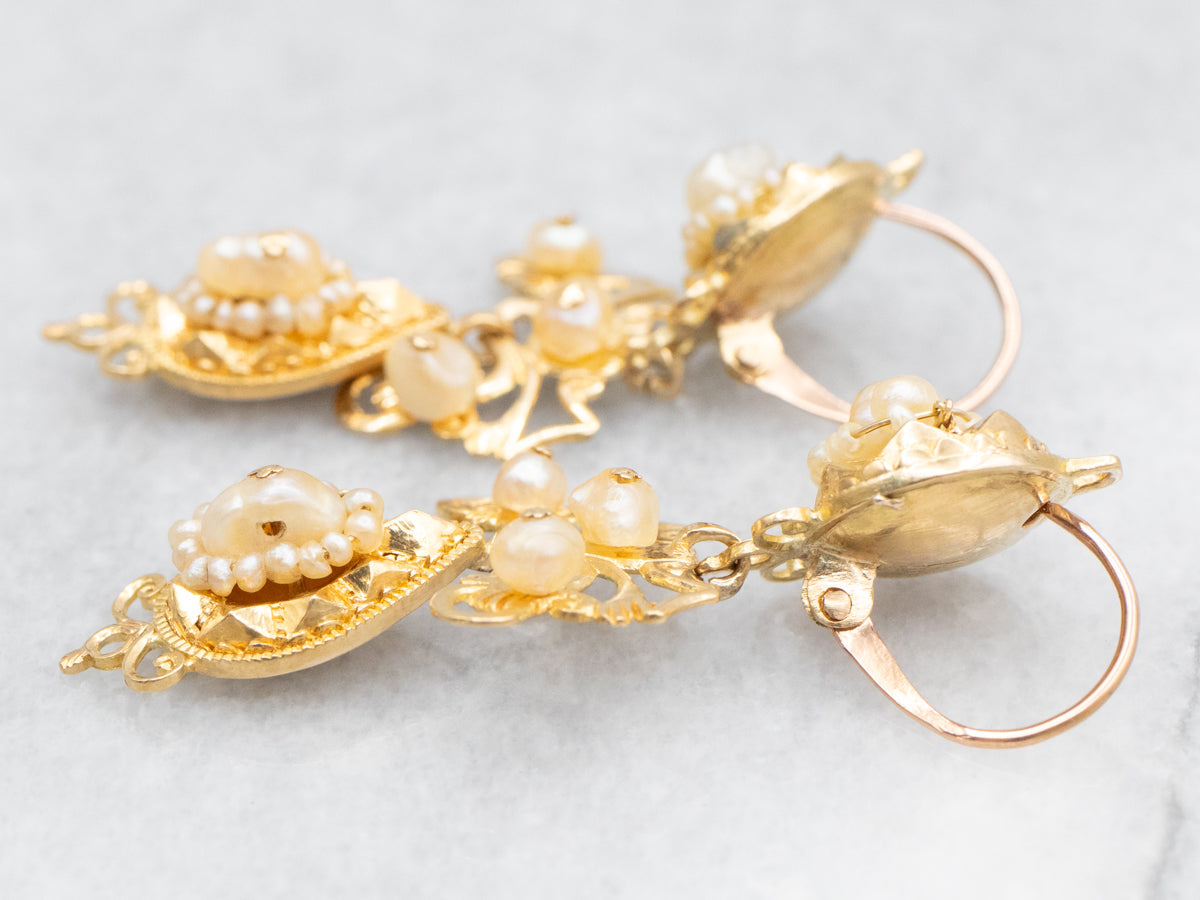 Antique Natural Pearl and Gold Filigree Drop Earrings