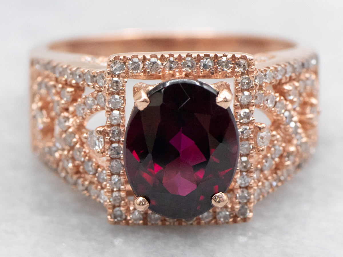 Modern Rhodolite Garnet and Diamond Rose Gold Filigree Ring