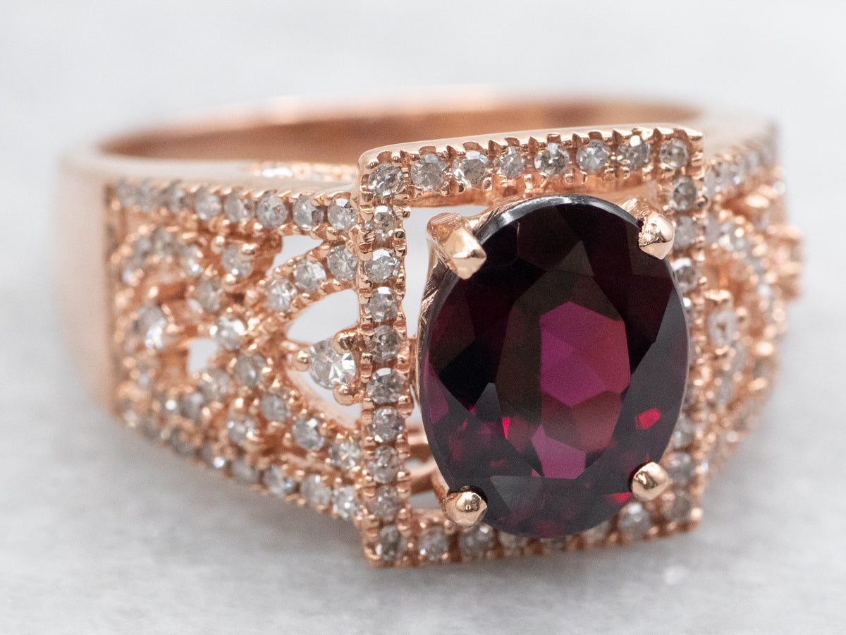 Modern Rhodolite Garnet and Diamond Rose Gold Filigree Ring