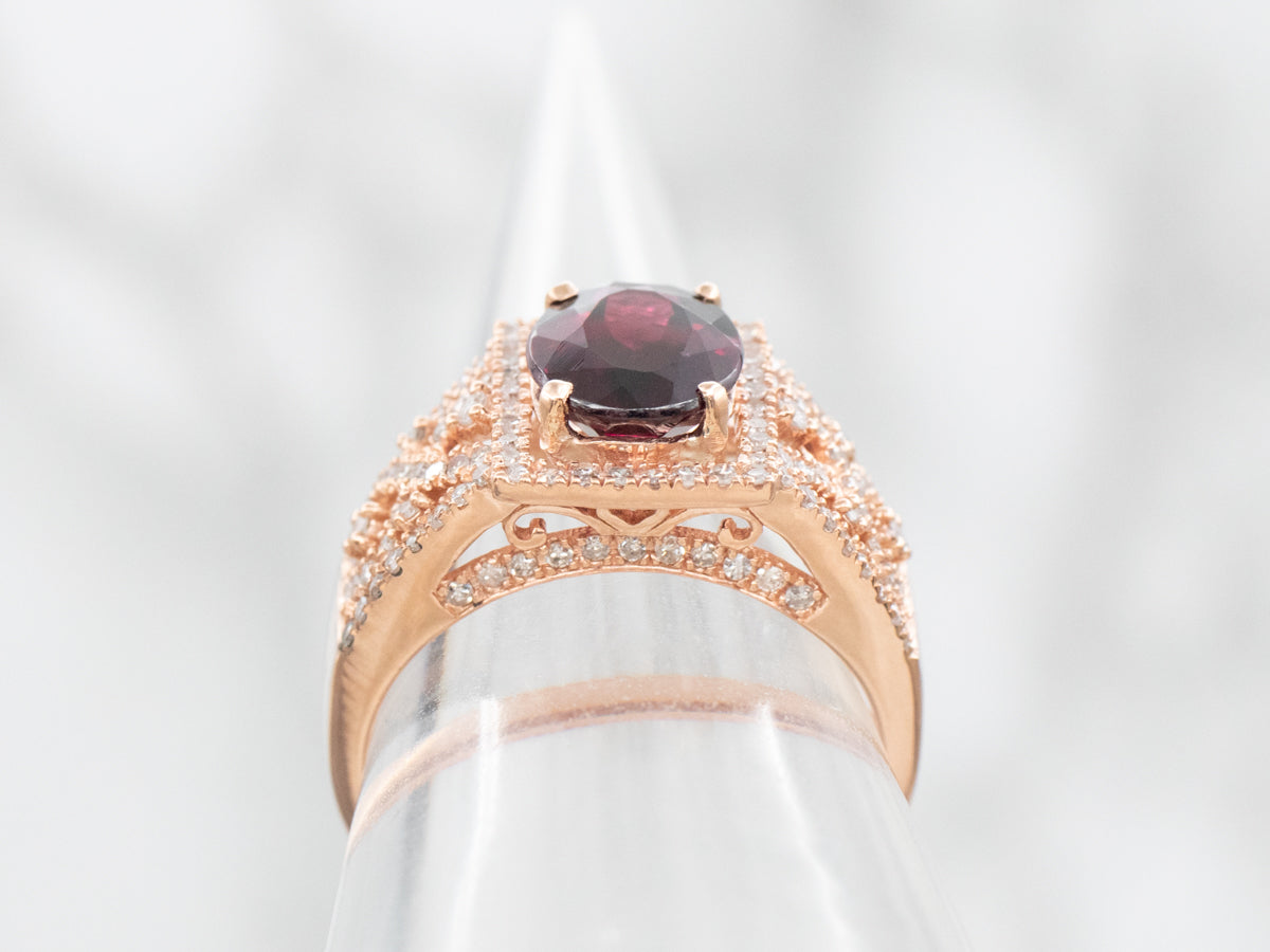 Modern Rhodolite Garnet and Diamond Rose Gold Filigree Ring