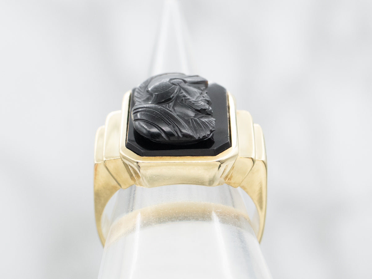 Men's 1950's Gold Black Onyx Intaglio Ring