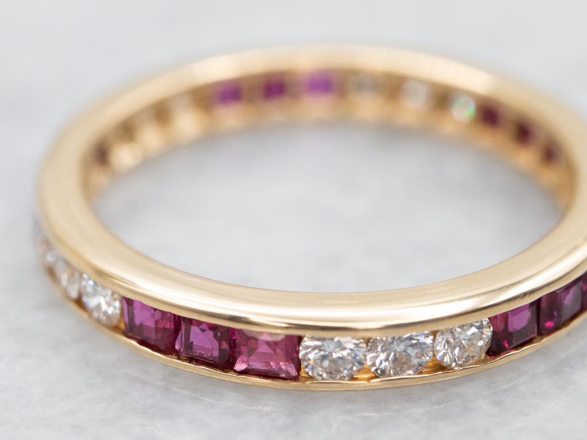 Channel Set Diamond and Ruby 18-Karat Gold Band