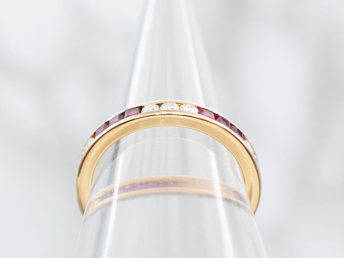 Channel Set Diamond and Ruby 18-Karat Gold Band