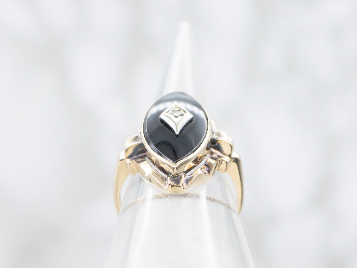 Mid Century Marquise Cut Black Onyx and Diamond Ring
