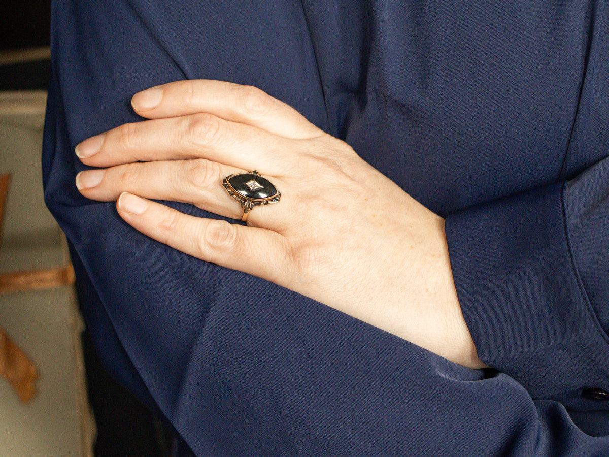 Mid Century Marquise Cut Black Onyx and Diamond Ring