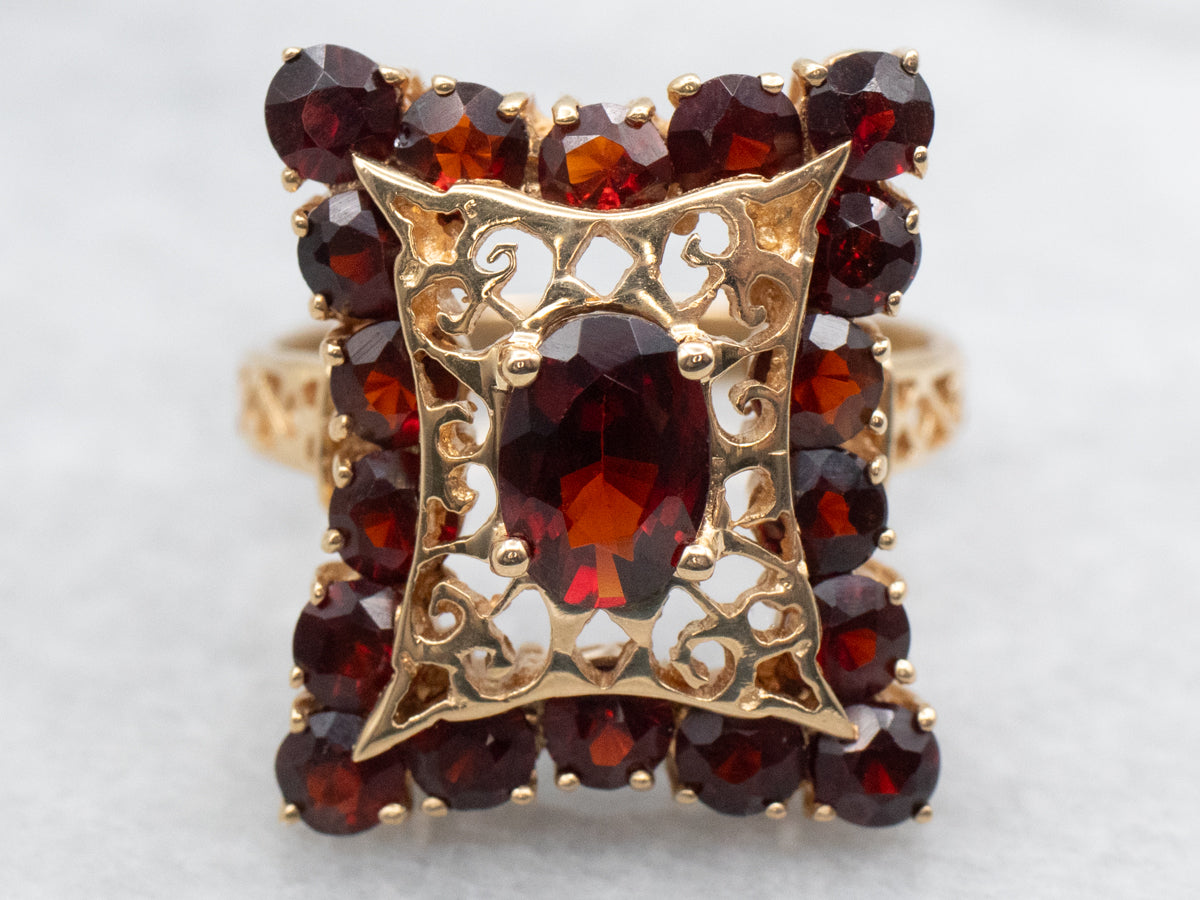 Garnet and Gold Halo Filigree Ring