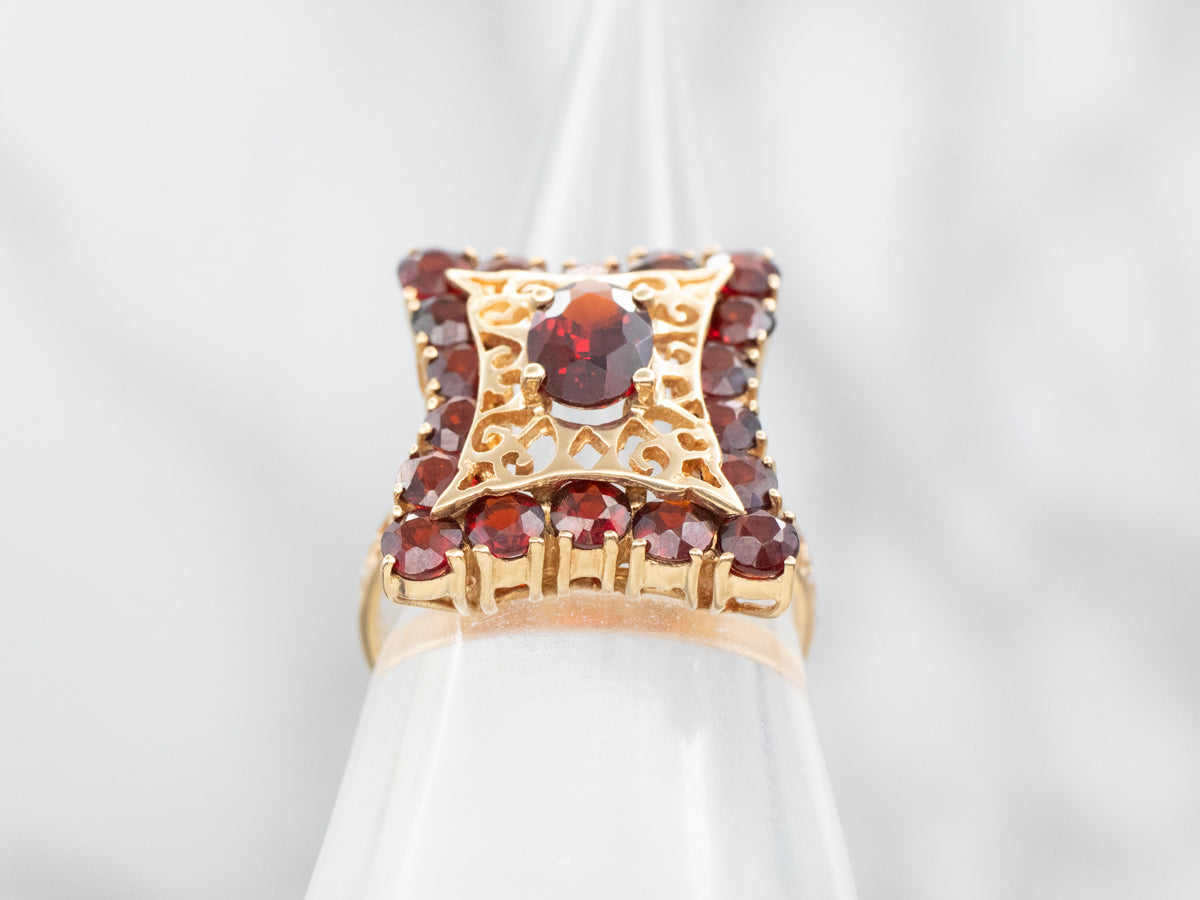 Garnet and Gold Halo Filigree Ring