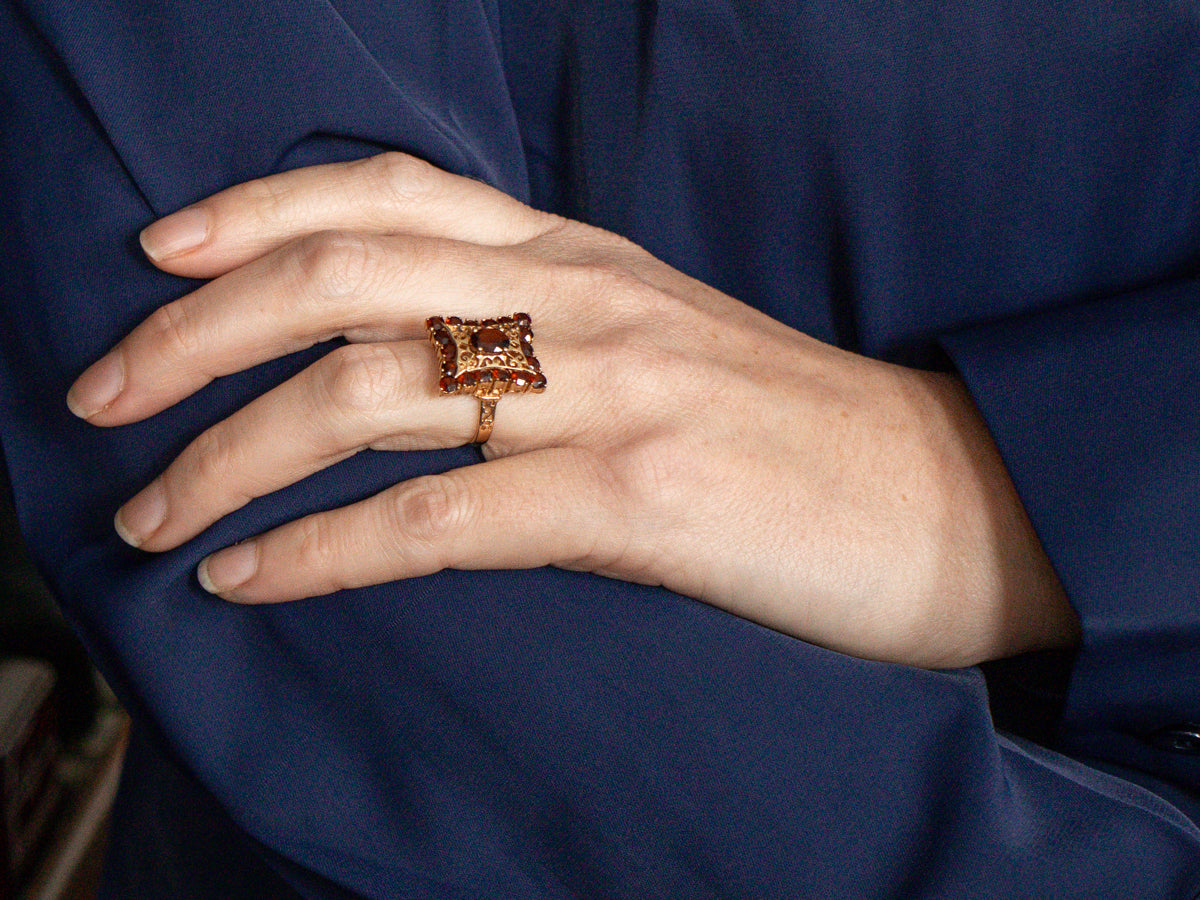 Garnet and Gold Halo Filigree Ring