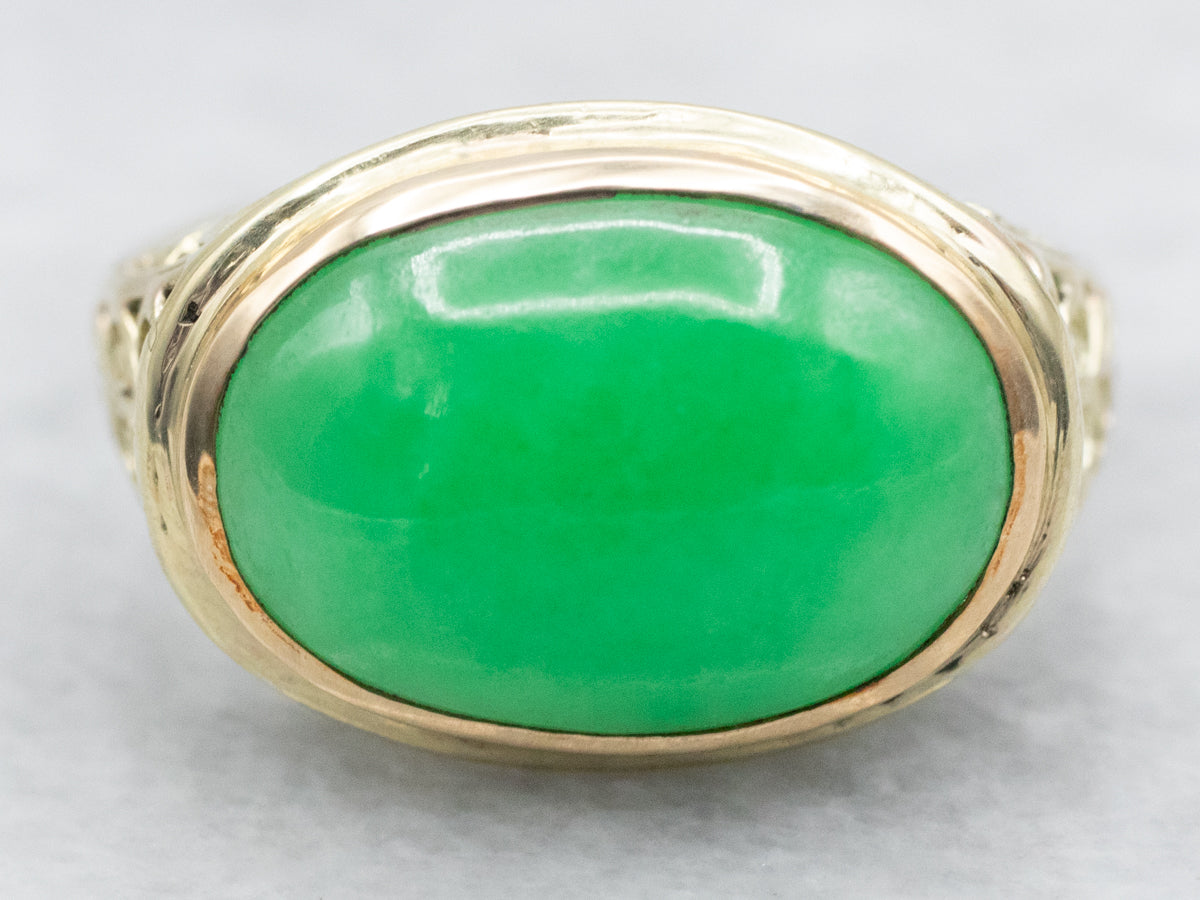 Art Nouveau Green Gold Filigree Fine Jadeite Cocktail Ring