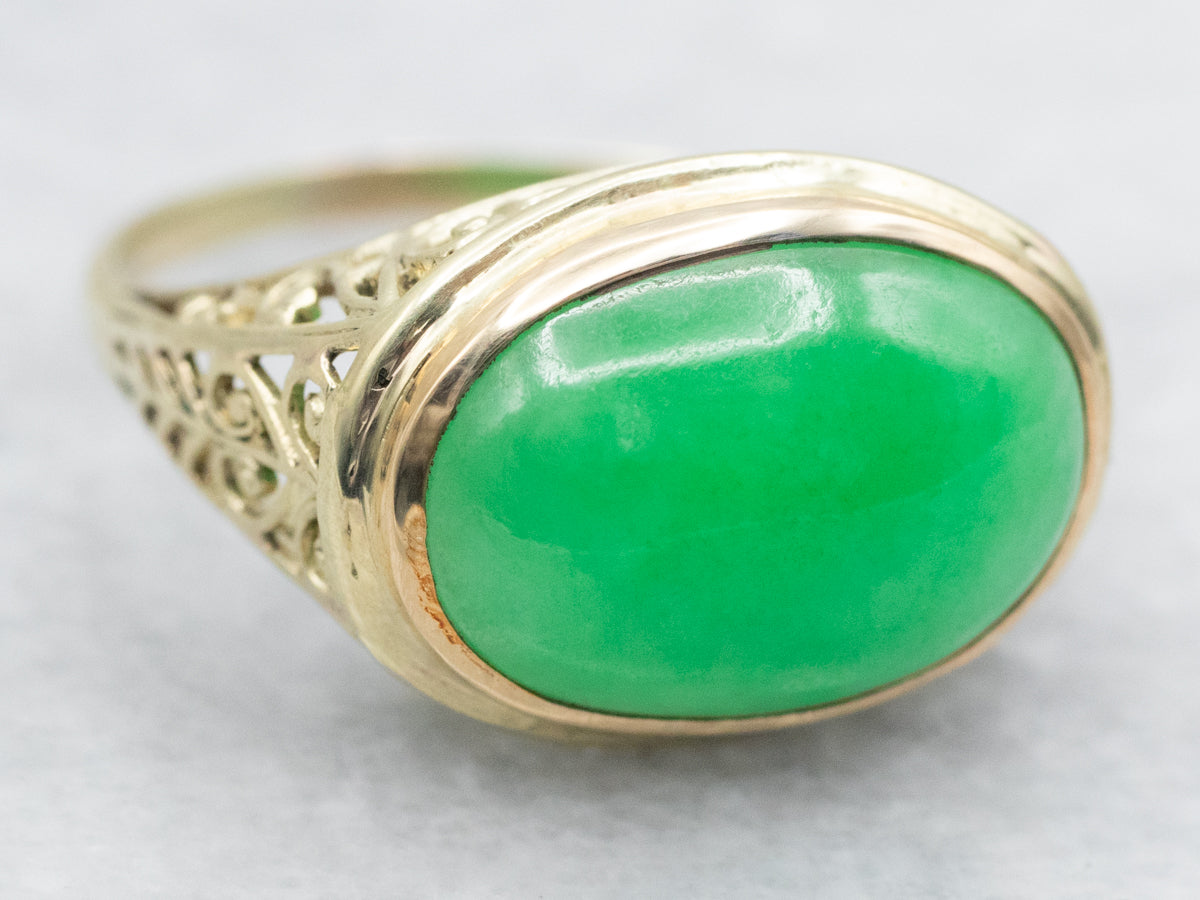 Art Nouveau Green Gold Filigree Fine Jadeite Cocktail Ring