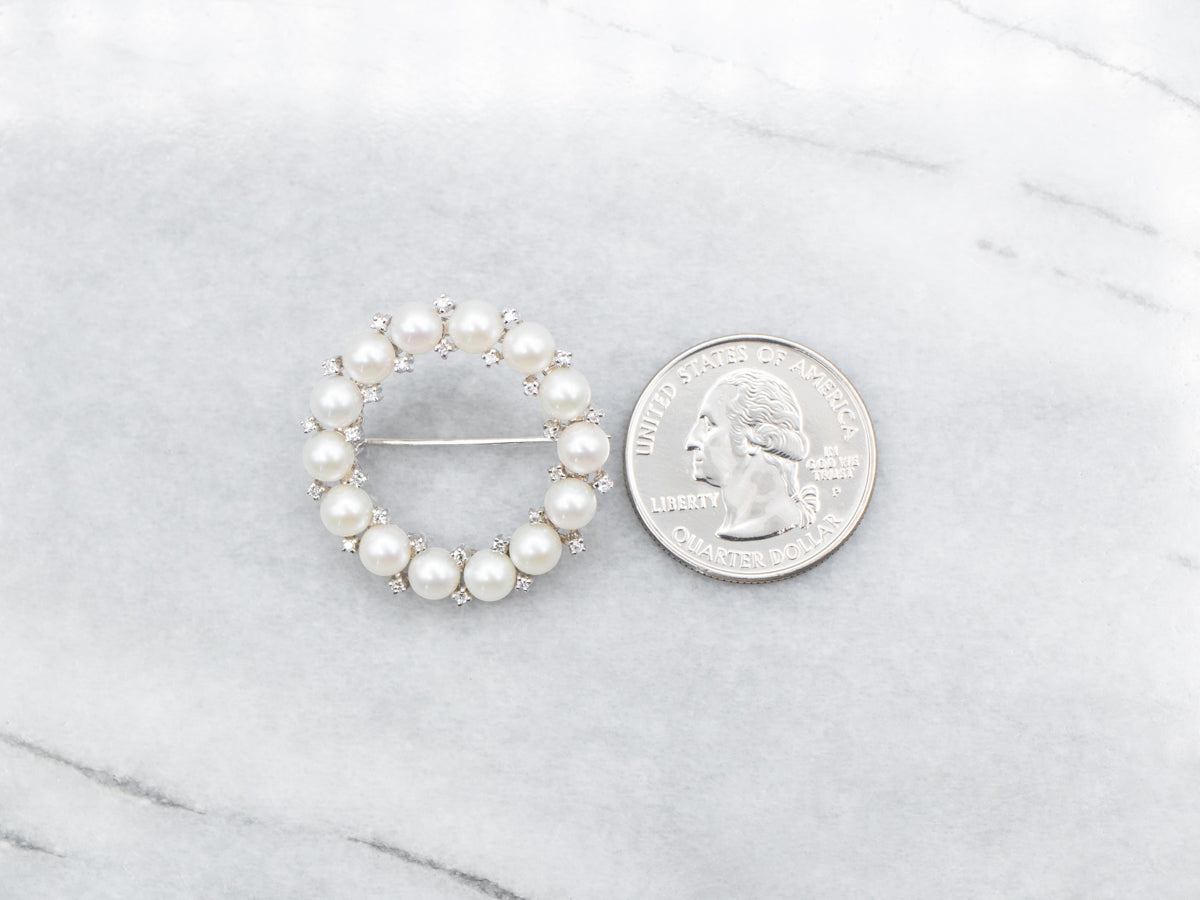 White Gold Saltwater Pearls and Diamond Circle Brooch