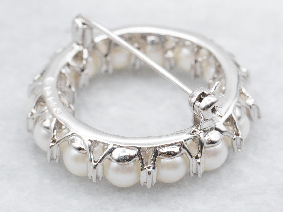 White Gold Saltwater Pearls and Diamond Circle Brooch