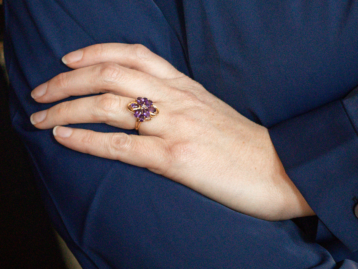 Floral Pear Cut Amethyst Cluster Ring
