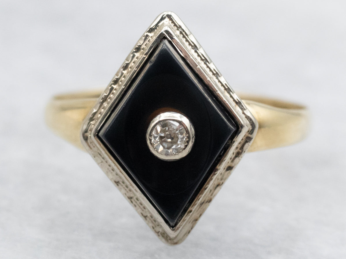 Old Mine Cut Diamond and Kite Shaped Black Onyx Ring