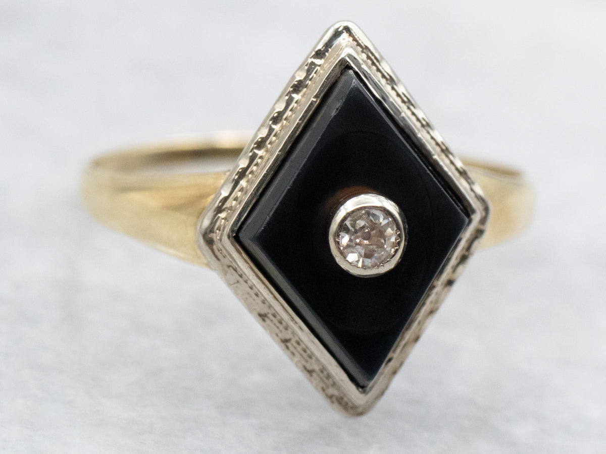 Old Mine Cut Diamond and Kite Shaped Black Onyx Ring