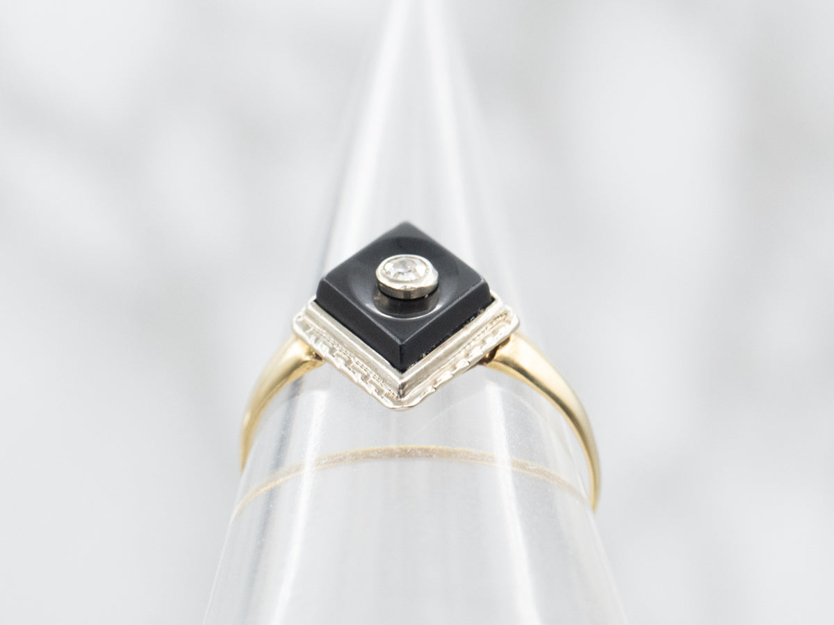 Old Mine Cut Diamond and Kite Shaped Black Onyx Ring