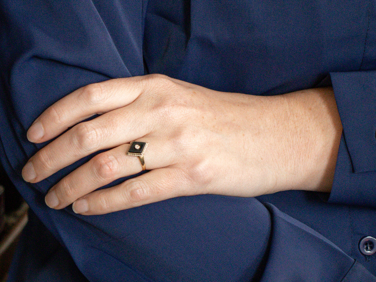 Old Mine Cut Diamond and Kite Shaped Black Onyx Ring