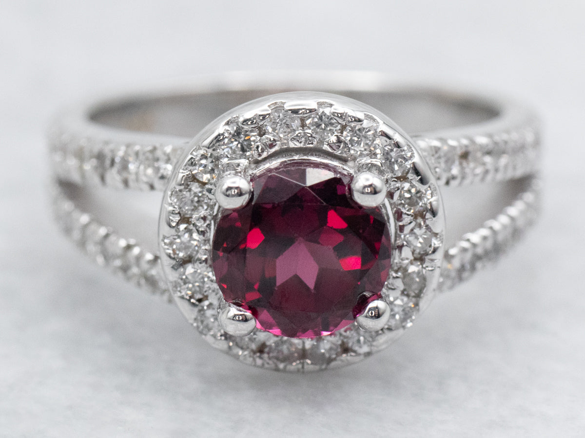 Modern Garnet and Diamond Halo Split Shank Ring