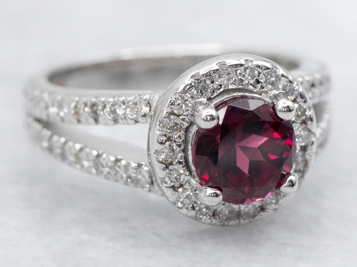 Modern Garnet and Diamond Halo Split Shank Ring