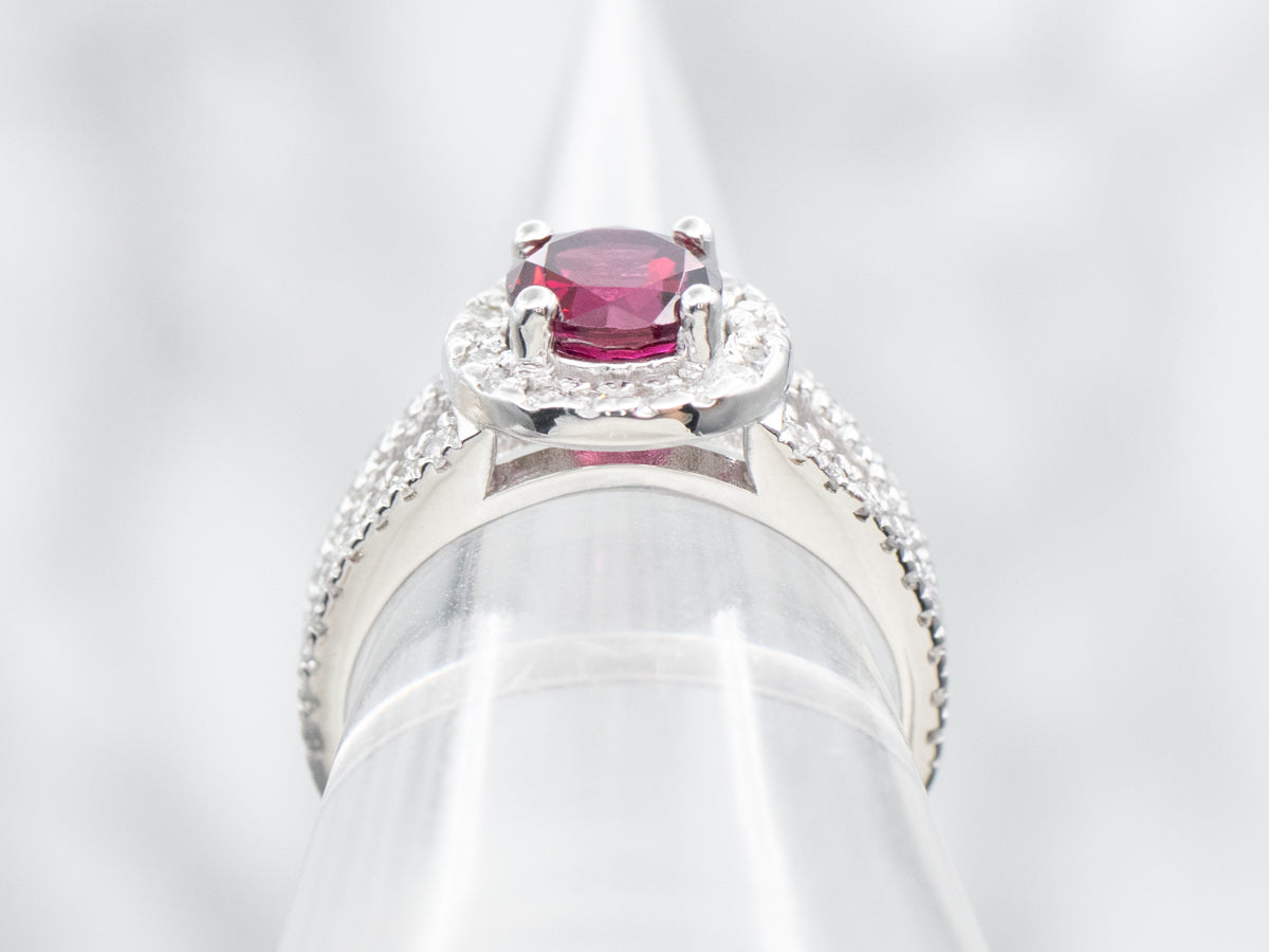 Modern Garnet and Diamond Halo Split Shank Ring