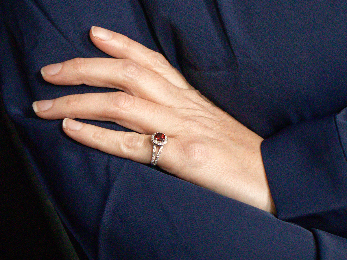 Modern Garnet and Diamond Halo Split Shank Ring