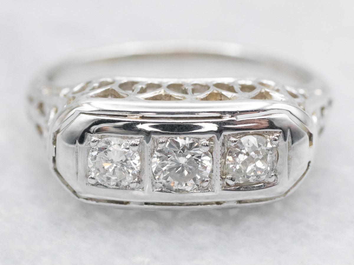 Late Art Deco Three Stone Diamond Engagement Ring