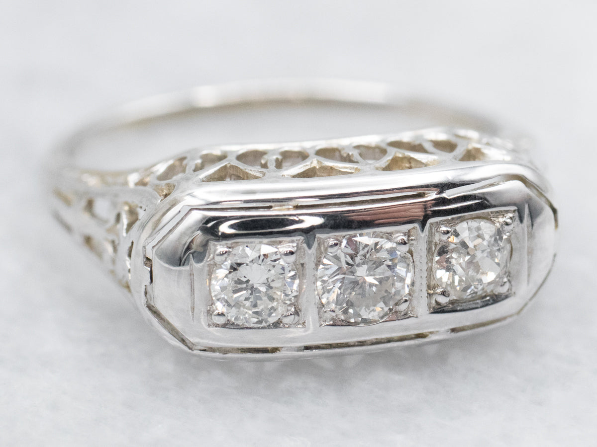 Late Art Deco Three Stone Diamond Engagement Ring