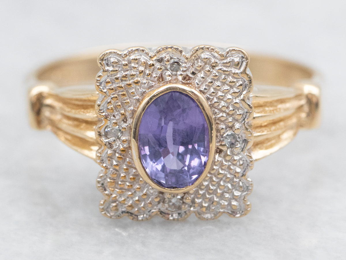 Two Tone Purple Sapphire and Diamond Square Head Ring