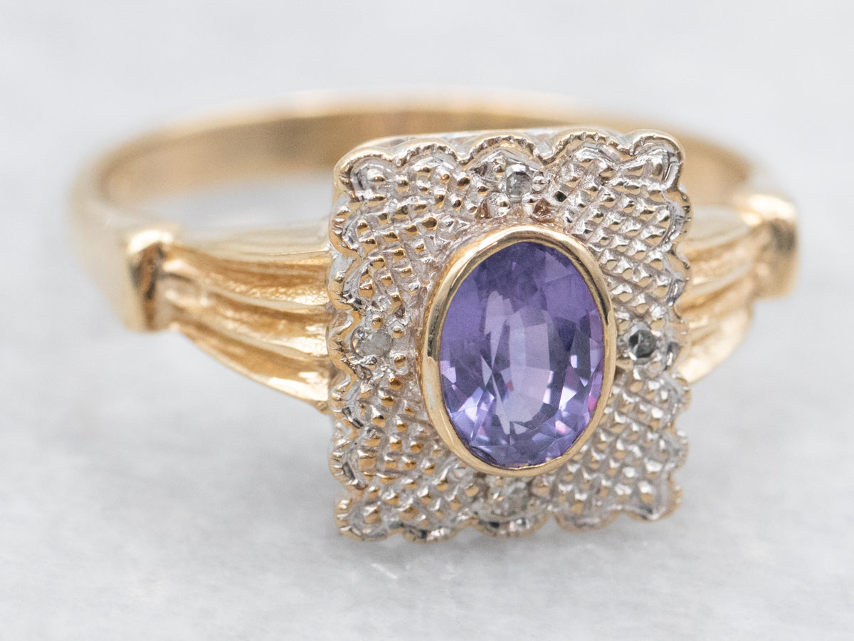 Two Tone Purple Sapphire and Diamond Square Head Ring