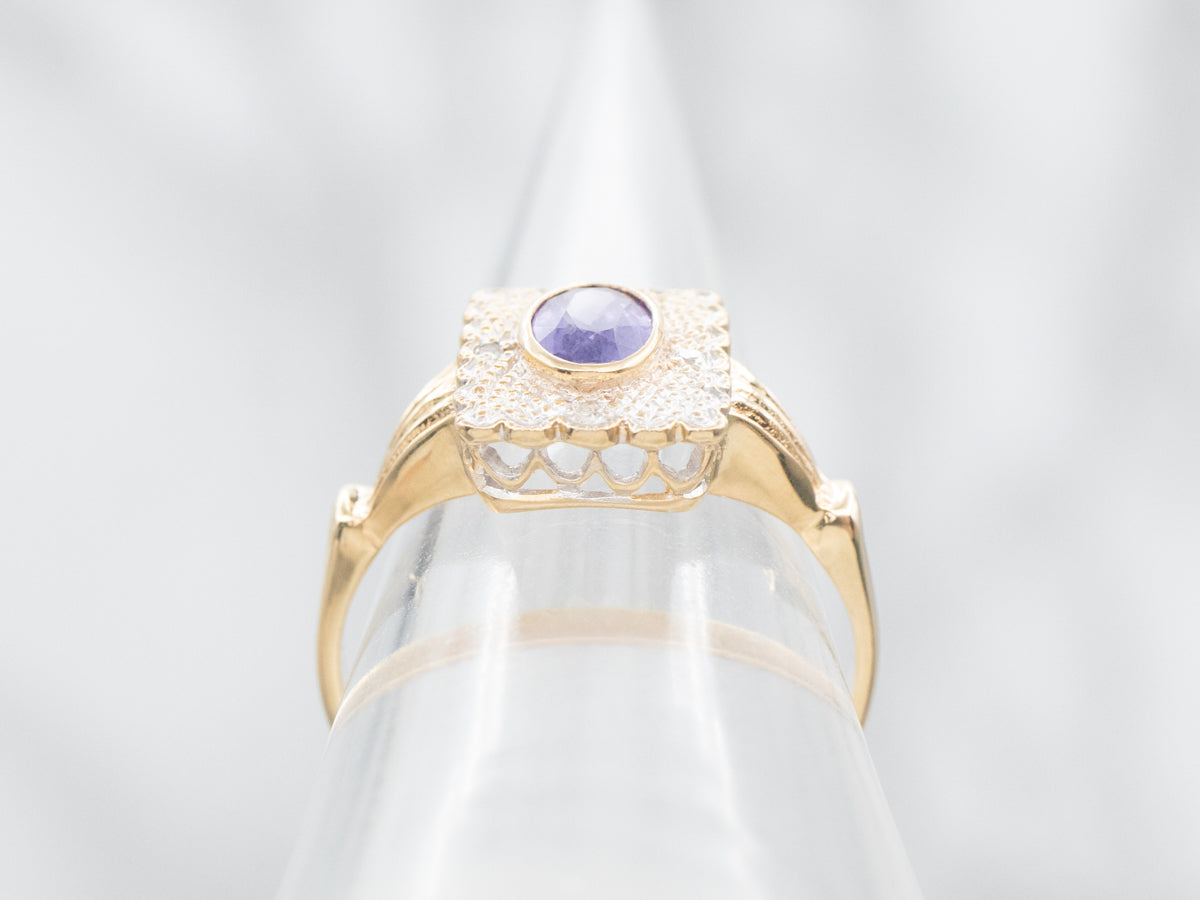 Two Tone Purple Sapphire and Diamond Square Head Ring