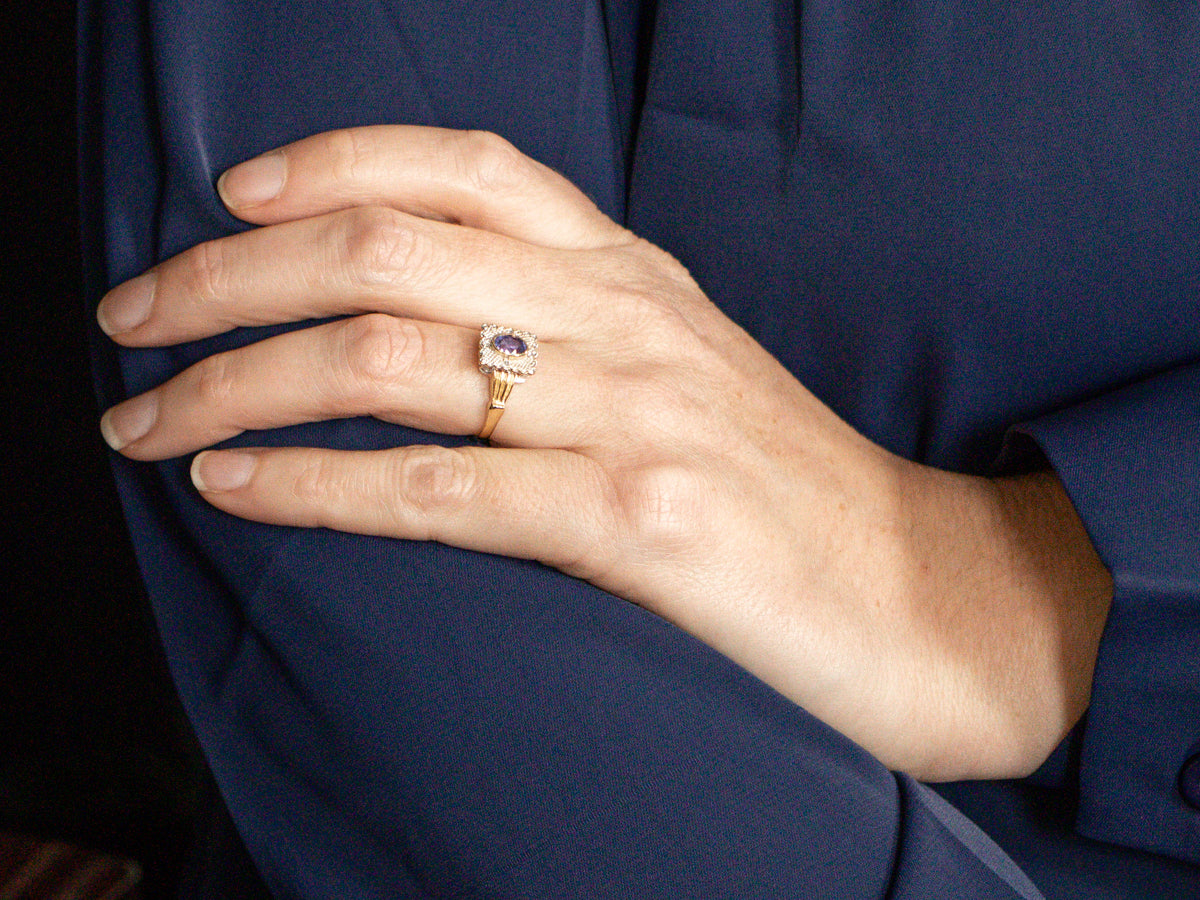 Two Tone Purple Sapphire and Diamond Square Head Ring