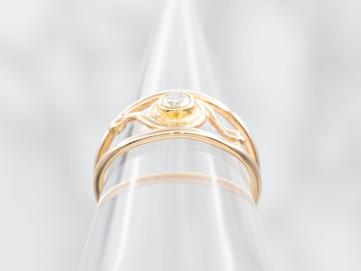 Scrolling Gold Bezel Set Diamond Openwork Ring