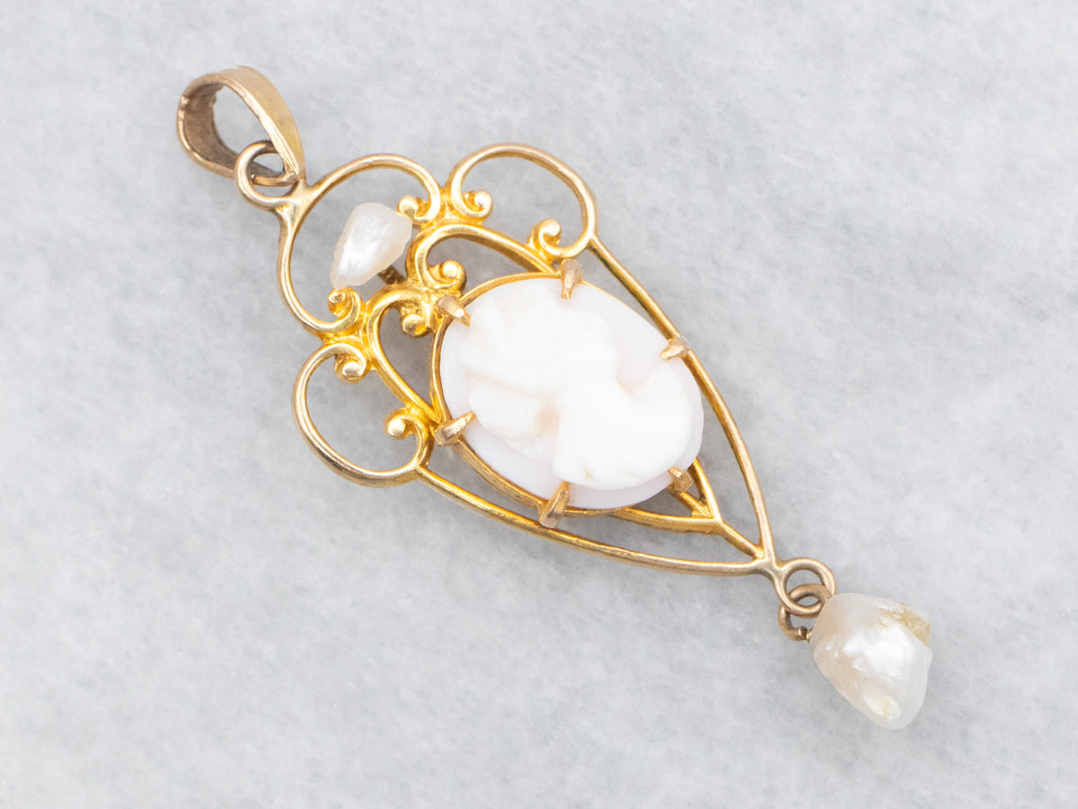 Art Nouveau Cameo and Pearl Lavalier Pendant