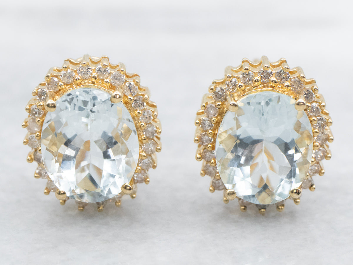 Aquamarine and Diamond Halo Stud Earrings