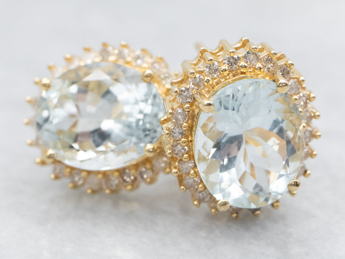 Aquamarine and Diamond Halo Stud Earrings