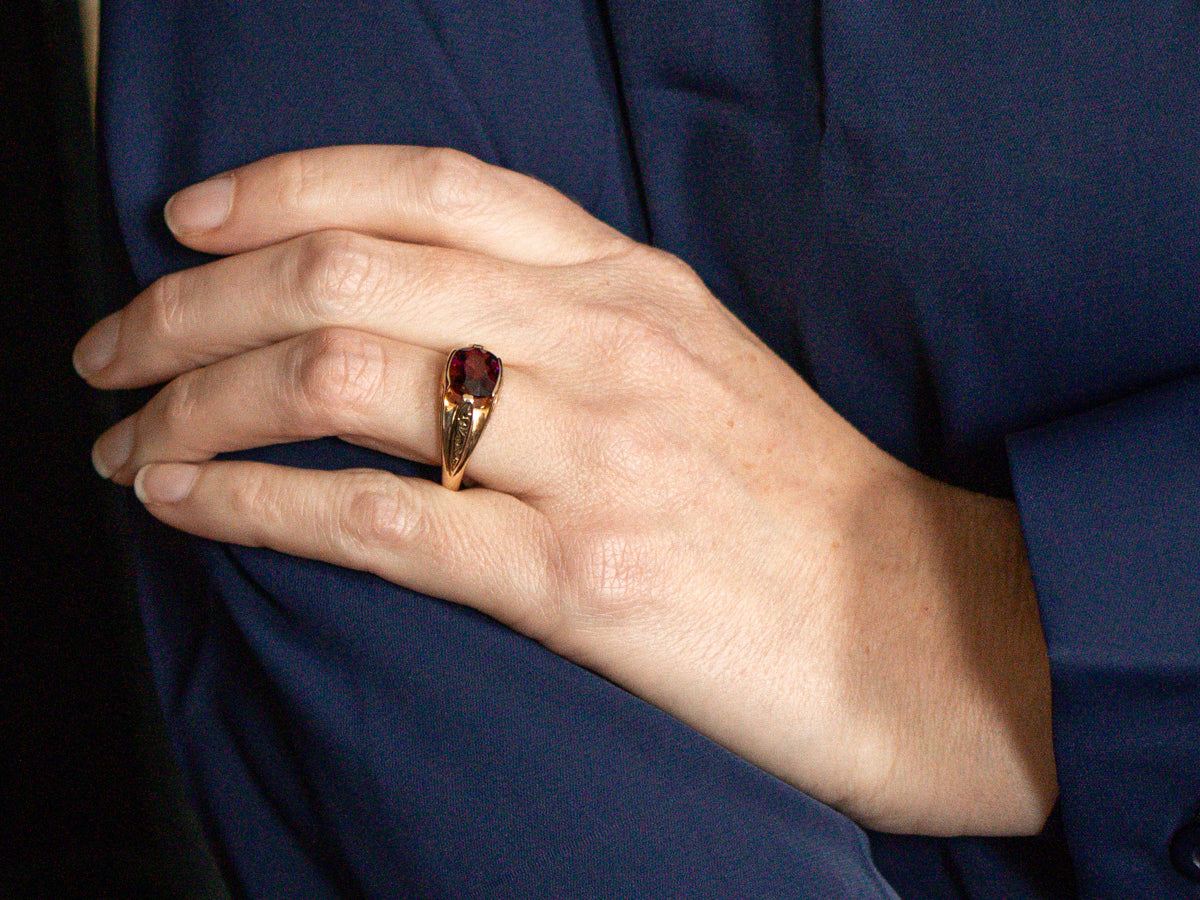 Antique East to West Cushion Cut Rhodolite Garnet Ring