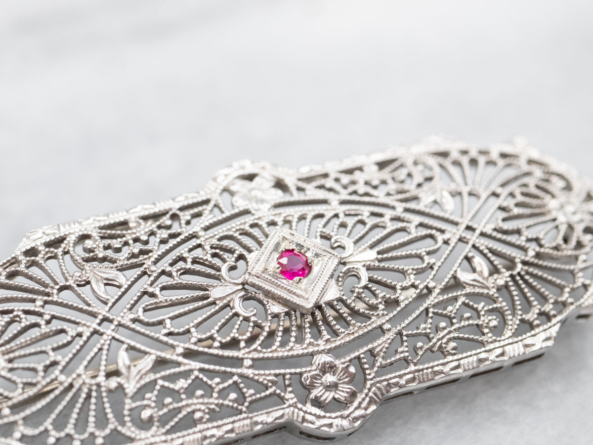 Art Deco Synthetic Ruby Filigree Brooch