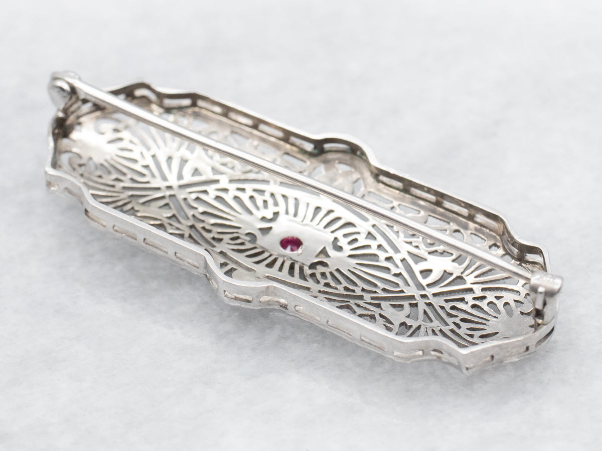 Art Deco Synthetic Ruby Filigree Brooch