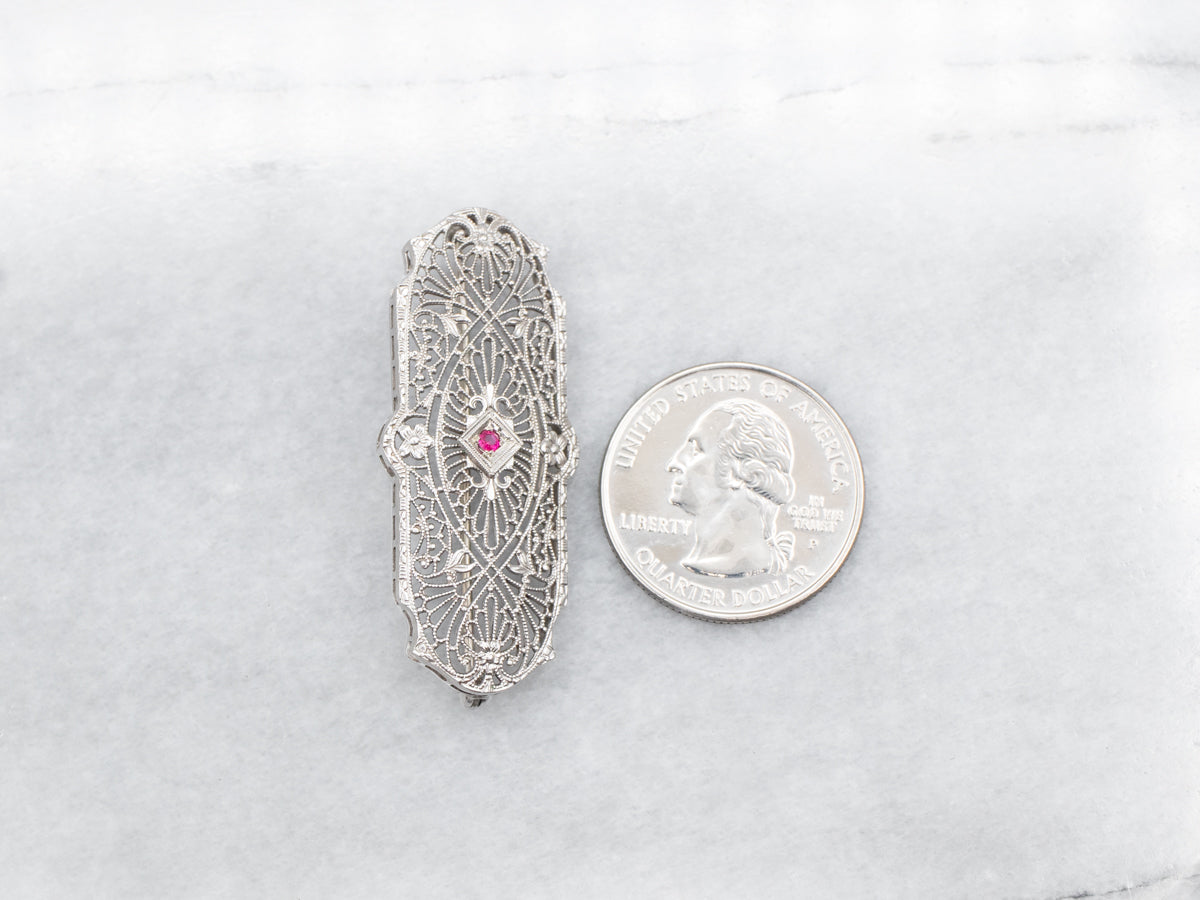 Art Deco Synthetic Ruby Filigree Brooch