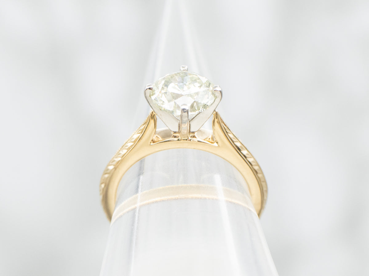 High Profile Diamond Solitaire Engagement Ring with Etched Shoulders