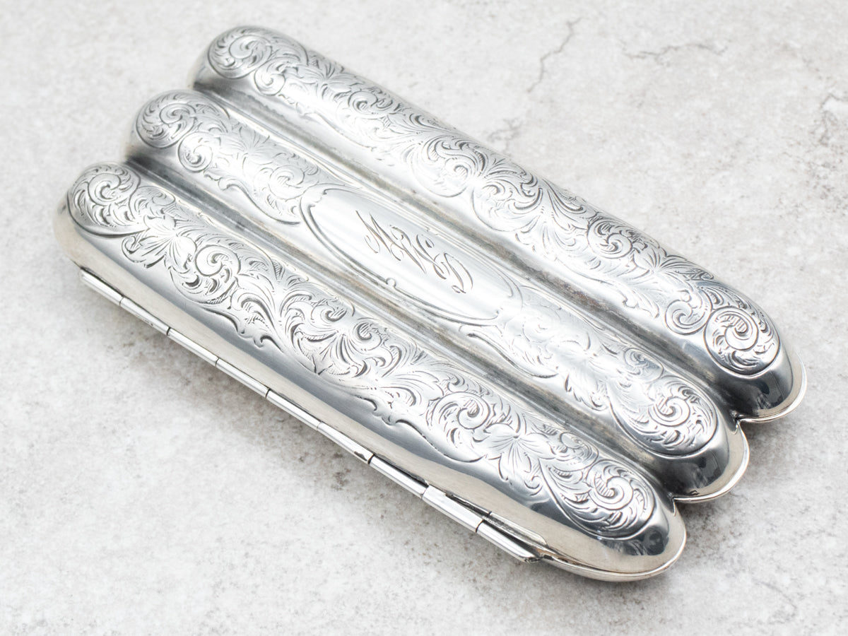 Antique Sterling Silver &quot;MWD&quot; Engraved Botanical Cigar Case