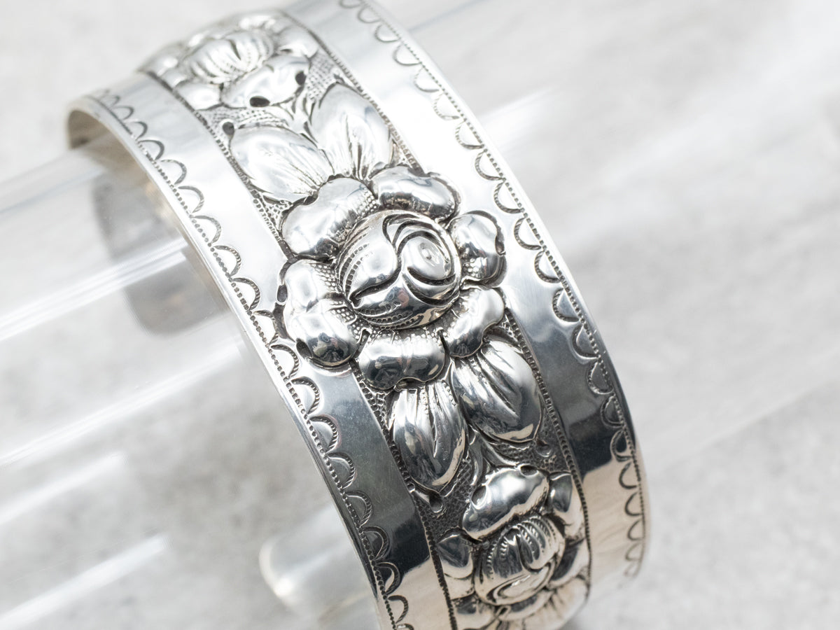 Beautiful Sterling Silver Kulikraft Floral Cuff Bracelet