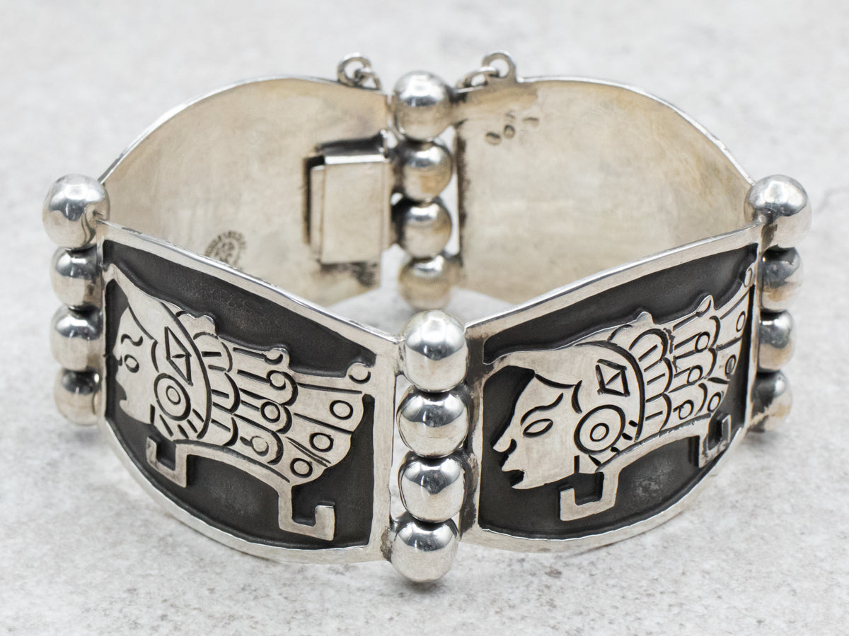 Mexican Sterling Silver Inca Figure Panel Bracelet