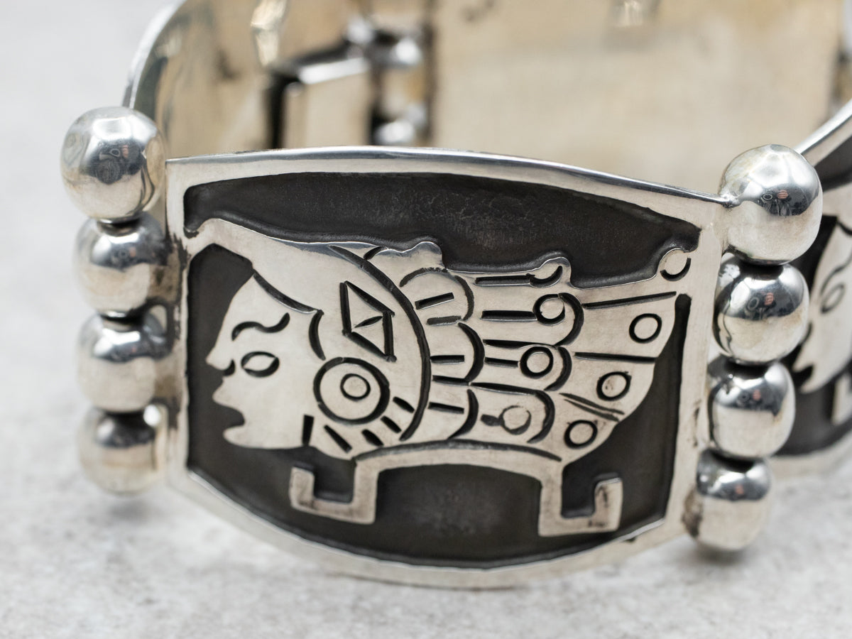 Mexican Sterling Silver Inca Figure Panel Bracelet