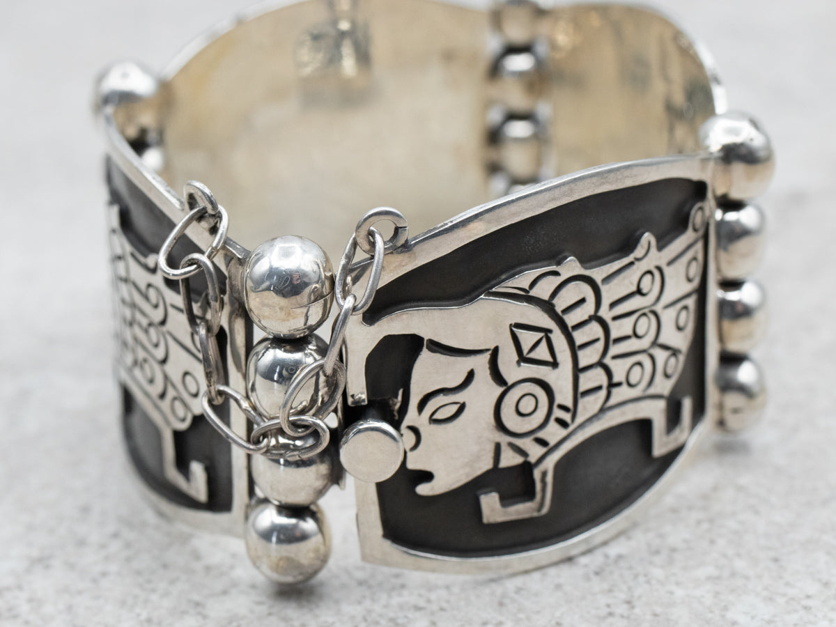 Mexican Sterling Silver Inca Figure Panel Bracelet