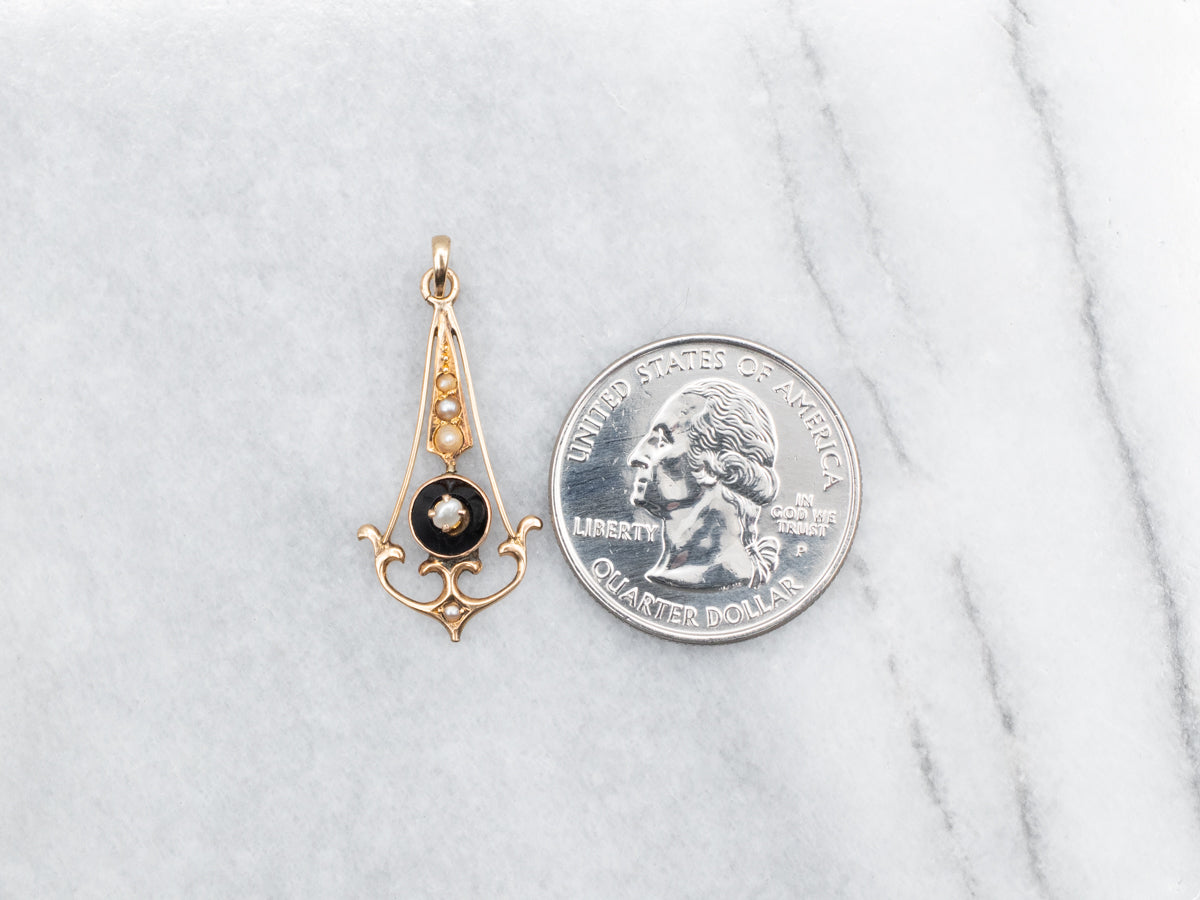Antique Seed Pearl and Black Enamel Lavalier Pendant