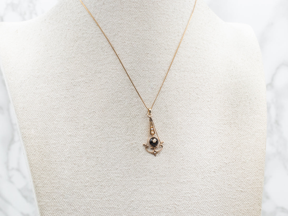 Antique Seed Pearl and Black Enamel Lavalier Pendant